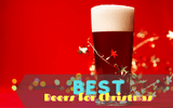 Christmas beer with Christmas lights in red background