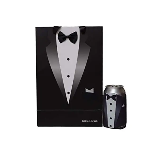 Collins & Co. Groomsmen Gifts Groomsman Proposal Wedding Party Box Set - Flask Set In Wooden Box, Coozie, 80s Retro Sunglasses, Cocktail Straw, Real Bow Tie & Hankerchief Tuxedo Gift Bag