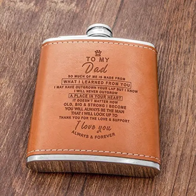Personalized Flask Set - Engraved Custom Hip Flasks For Dad - Stainless Steel with Leather Flask For Men, Father Day's Valentine's Christmas Gift (Brown-For Dad)