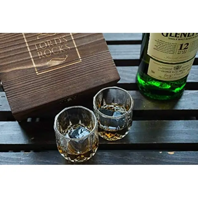 Whiskey Gifts for Fathers Day Men – 6 Whiskey Stones 2 Whiskey Shot Glasses 2.7 Ounce Wood Box and Velvet Pouch Cold Stones for Scotch, Whiskey, Bourbon, Tequila, Vodka, Rum, Wine