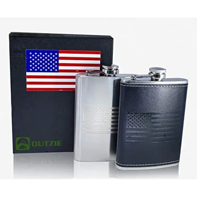 OUTZIE American Flag Flask - Soft Touch Cover | Laser Welded | 18/8 304 Food Grade Stainless Steel | Leak Proof Slim Profile Classic American Flag Design | Funnel and Gift Box Included