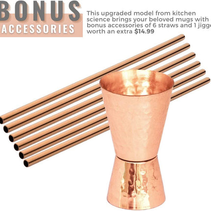Kitchen Science Moscow Mule Copper Mugs Set of 6 (16oz) with 6 Straws and Jigger