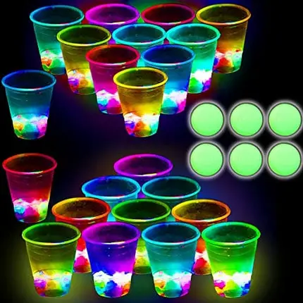 Glowing Party Beverage Pong Game for Indoor Outdoor Party Event Fun, Pack with Flashing Color Bright Glow-in-The-Dark Colors for House Parties Birthdays Concerts Weddings BBQ Beach Holidays