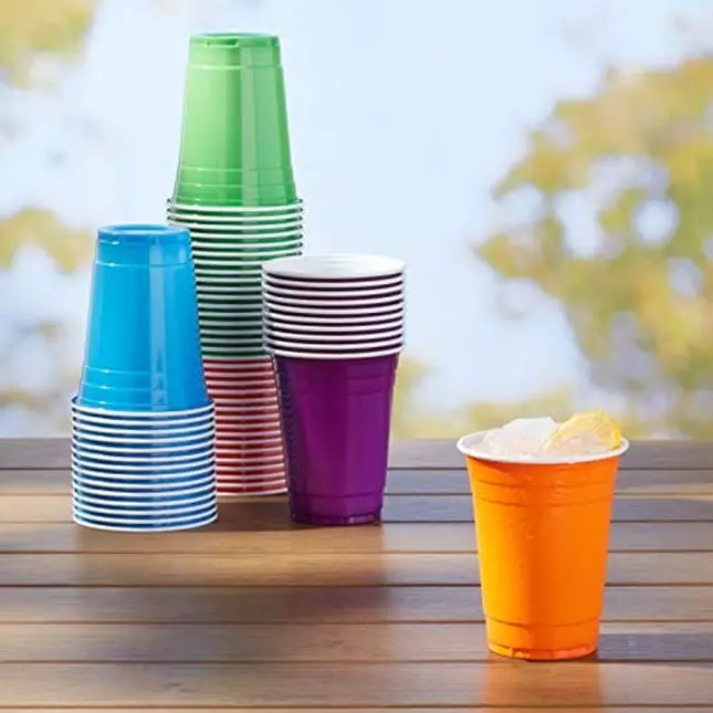 AmazonCommercial Plastic Cups, 16oz, Orange, Light Blue, Purple, Lime Green, Pack of 120