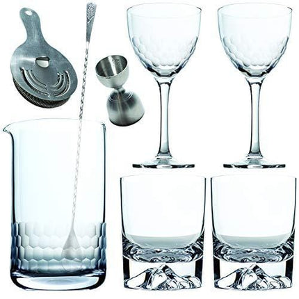 Amehla Cocktail Mixing Glass Bar Kit: 8 Piece Bar Set with Bar Tools and Glasses - Home Mixology Bartending Kit with 2 Mountain Whiskey and 2 Honeycomb Nick and Nora Drinking Glasses + Accessories