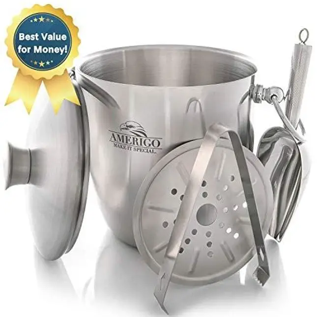 Amerigo Exclusive Insulated Ice Bucket - Well Made Double-Wall Champagne Bucket Keeps Ice Frozen Longer - 3 Liter Stainless Steel Ice Bucket for Parties with Lid, Strainer, Ice Tongs + Free Ice Scoop