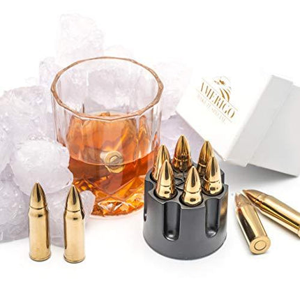 Whiskey Stones Bullets with Base - Gold XL Whiskey Ice Cubes Reusable - Cool Gifts for Men - Set of 6 Whiskey Bullets Stainless Steel in Revolver Base - Chilling Whiskey Rocks Gift Set by Advanced Mixology