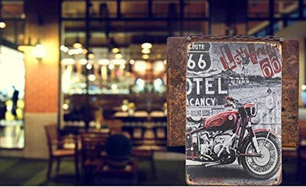 AOYEGO Motorcycle Tin Sign,Red Motor On The Route 66 Road Vintage Metal Tin Signs for Cafes Bars Pubs Shop Wall Decorative Funny Retro Signs for Men Women 8x12 Inch
