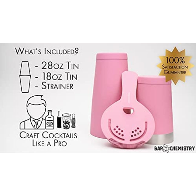 BarChemistry Cocktail Shaker – Professional Cocktail Set with Boston Shaker and Strainer – Stainless Steel Drink Shaker – Weighted Shaker Cups – Rubber Coated Boston Cocktail Shaker – Matte Pink