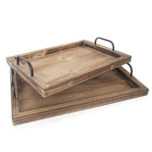 Besti Rustic Vintage Food Serving Trays (Set of 2) | Nesting Wooden Board with Metal Handles | Stylish Farmhouse Decor Serving Platters | Large: 15 x2 x11" - Small: 13 x2 x9" inches (Rustic Burnt)