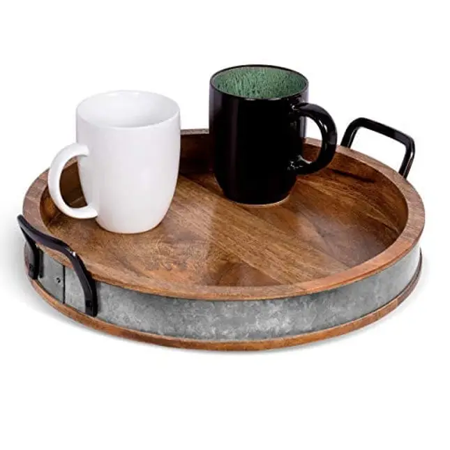 BIRDROCK HOME Wooden Serving Tray with Handles - Iron Accents - Round Barrel Top Breakfast Trays - Tea Cheese Board - Coffee Table Décor - Natural Wood with Iron - Kitchen - Bar - Large