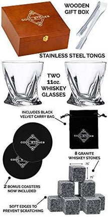 Whiskey Stones and Whiskey Glass Gift Boxed Set, 8 Granite Chilling Whisky Rocks, 2 Glasses in Wooden Box, Great Gift for Father's Day, Dad's Birthday or Anytime For Dad, Plus 2 Free Coasters