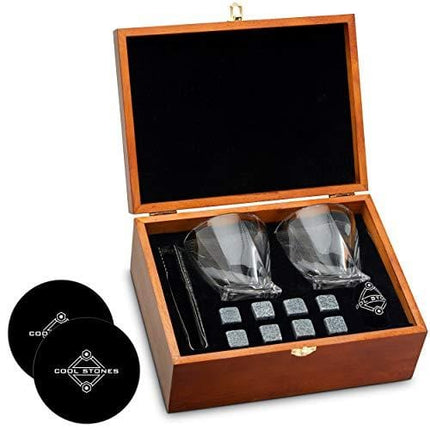 Whiskey Stones and Whiskey Glass Gift Boxed Set, 8 Granite Chilling Whisky Rocks, 2 Glasses in Wooden Box, Great Gift for Father's Day, Dad's Birthday or Anytime For Dad, Plus 2 Free Coasters