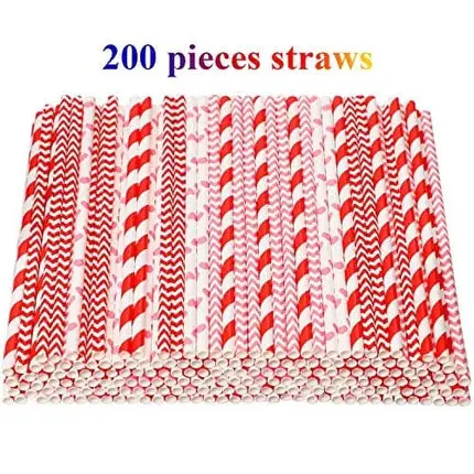 Cooraby 200 Pieces Valentine's Day Paper Straws Red and Pink Biodegradable Drinking Hearts Stripe Bicolor Stripe Dot Chevron Straw Mix for Wedding Supplies and Party Favors, 8 Styles (Red, Pink)