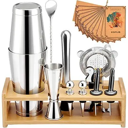 COPLIB 13 Pcs Rustproof Bartender Kit Cocktail Shaker Set with Stylish Stand, 304 Stainless Steel Bar Sets with 18-25oz Thicker Shaker Tins, Silver