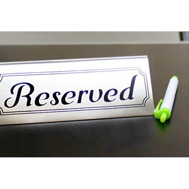 Stainless Steel Reserved Table Signs (12-Pack); 4.75-Inch by 2-Inch Tent Style Silver Signs with Black Print