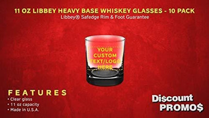 Custom Whiskey Glasses by Libbey 11 oz. Heavy Base Drinking Old Fashioned Glass - 10 pack - Customizable Text, Logo - Great For Scotch Bourbon and Whiskey - Black