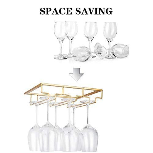 Wine Glass Rack - Under Cabinet Stemware Wine Glass Holder Glasses Storage Hanger 2 Pack Metal Organizer for Bar Kitchen Gold