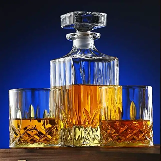 Whiskey Decanter and Glass Set - Whisky Glasses Sets for Men - 4 Extra Large Scotch Old Fashion Glasses with Classic Decanter, Stone Coasters - Bourbon Decanter Gift Set for Men - Home Bar Set in Box