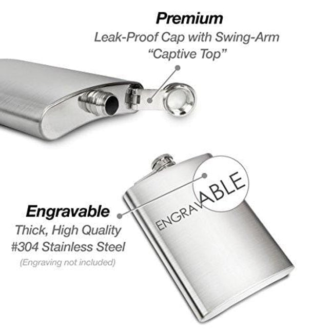 Hip Flask for Liquor - Food Grade, 304 Rustproof and Leakproof Stainless Steel, Pocket Flasks are Perfect for Men or Women to Drink Whiskey Alcohol, Funnel and Flask set (8 Ounce, Silver)