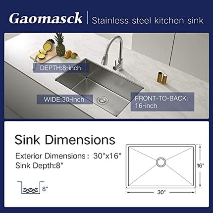 Gaomasck Kitchen Sink , 30 x 16.5 inch Undermount Kitchen Sink Single Bowl 16 Gauge Stainless Steel Sink, High-end Handmade for Kitchen Sink, Bar Sink or Outdoor Sink