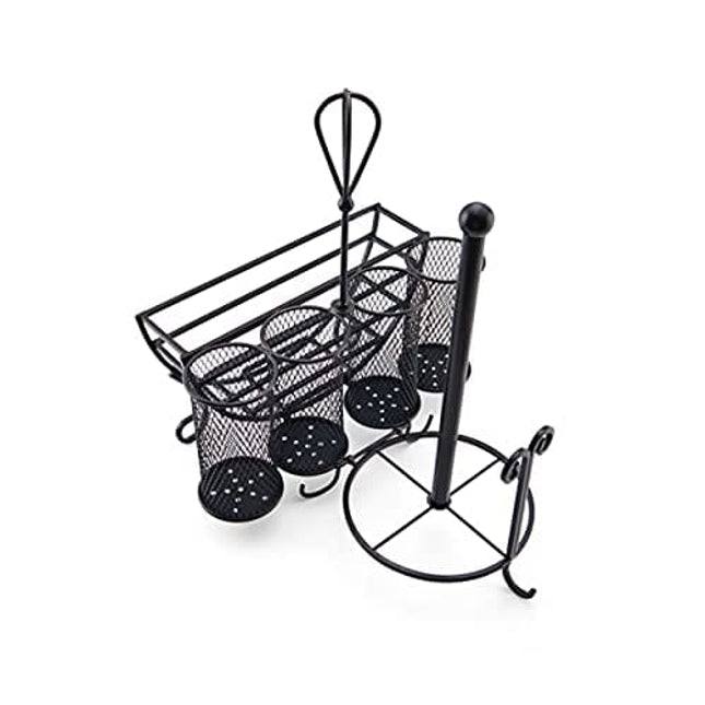 Gourmet Basics by Mikasa Avilla Picnic Plate Napkin and Flatware Storage Caddy with Paper Towel Holder, Complete Service, Antique Black