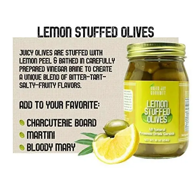 Green Jay Gourmet Lemon Stuffed Olives – Stuffed Green Olives for Cocktail Garnish & Cheese Board Recipes – Dirty Martini Olives & Cocktail Olives – Gourmet Olives – All Natural – Large – 16 Ounces