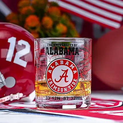 The University Of Alabama Whiskey Glass Set (2 Low Ball Glasses) - Contains Full Color Alabama Logo & Campus Map - Alabama Gift Idea for College Grads & Alumni - College Cocktail Glassware