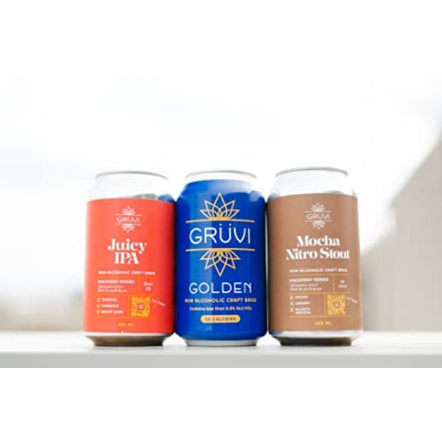 Gruvi Non-Alcoholic Beer Variety Pack, 12-Pack, IPA, Stout, Pale Ale, <0.5% ABV, Zero Alcohol Beer, NA Beer