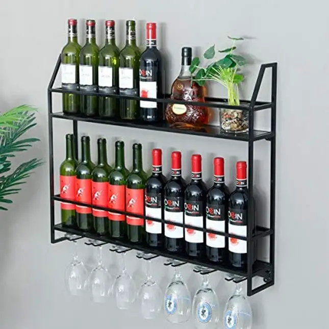 Industrial Wine Rack 20 Bottles Wall Mount Wine Cabinet with 7 Glasses Hook Hanging Metal Wine Rack Goblet Shelf for Home Bar Restaurant 31.5’’x4.7’’x24.5’’