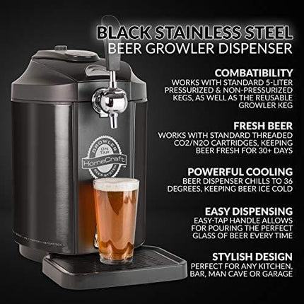 Homecraft Black Stainless Steel Easy-Dispensing Tap Mini Kegerator Cooling System, Includes Reusable Growler, CO2 Cartridges, Removable Drip Tray & Cleaning Kit, Beer Fresh For 30 Days, 5-liter