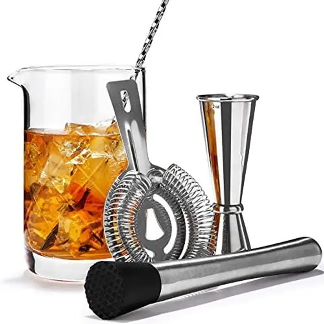 Premium Cocktail Mixing Glass Bar Set: 5 Piece Bartender Kit: 18oz Seamless Lead Free Crystal Mixing Glass with Weighted Thick Bottom, Hawthorne Strainer, Japanese Jigger, Mixing Spoon and Muddler