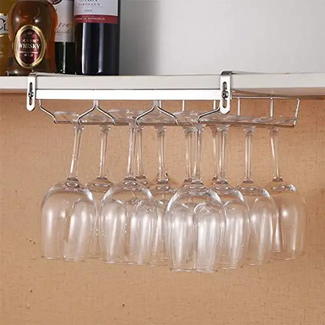 HULISEN 0.4 -1.38 inch Adjustable Thickness Wine Glass Rack Under Cabinet, 3 Rows Stemware Rack, 18/8 Stainless Steel Glasses Holder Storage Hanger for Kitchen, Bar