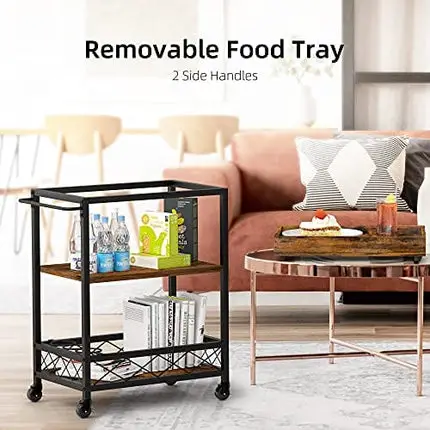 IDEALHOUSE Utility Bar Cart for Home, Mobile Wine Cart on Wheels, Kitchen Serving Cart with Wine Rack, Removable Tray, Wheel Locks and Glass Bottle Holder, 3 Tiers Storage Shelves Cart