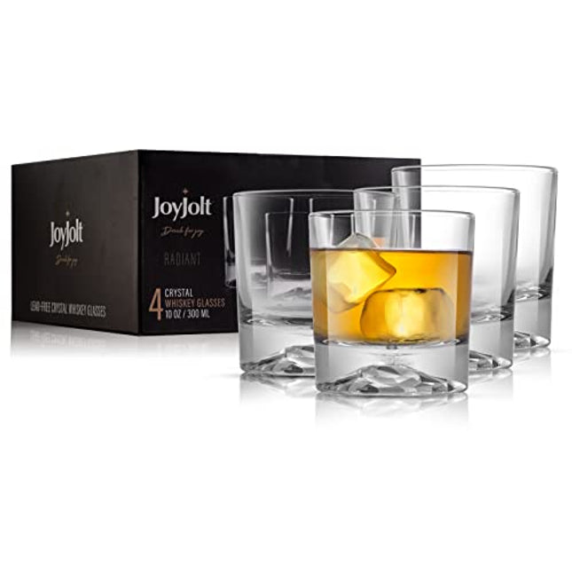 JoyJolt Radiant Crystal Whiskey Glasses Set 4 'Mountain' Whiskey Glass. 10oz Old Fashioned Glass. Rocks Glass Scotch Glasses, Bourbon Glass Tumbler, Liquor Drink Glasses or Short Cocktail Glass