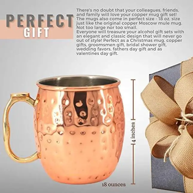 Kitchen Science Stainless Steel Lined Moscow Mule Copper Mugs - Gift Set of 6 (18 oz)