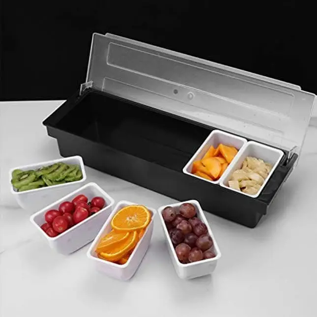 Clear Condiment Dispenser Restaurant Bar Serving Tray Ice Chilled Organizer with Station and Lid for Serving Fruits, Ice Cream, Salad, Toppings( 6 Compartments)