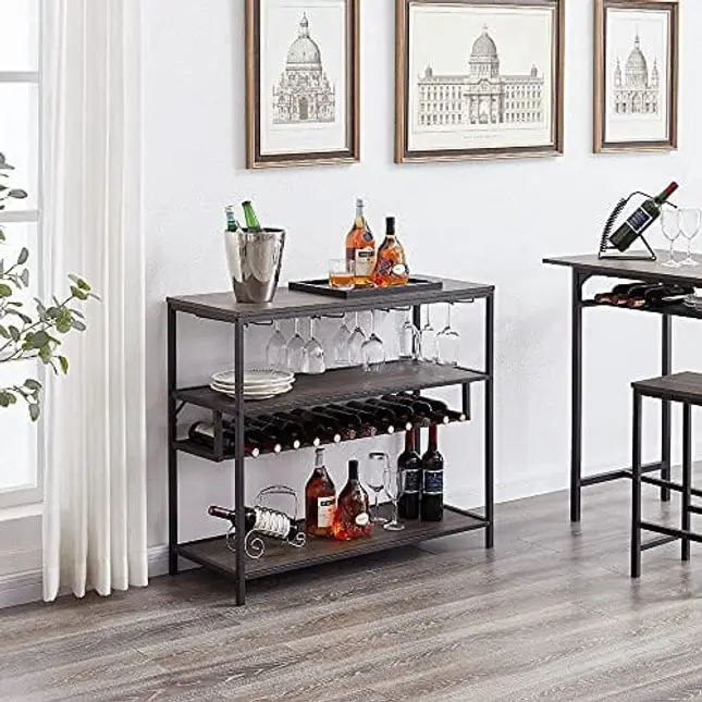 LVB Wine Rack Table, Liquor Bar Cabinet Freestanding Floor, Wooden Rustic Wine Storage with Wine Shelf and Glass Holder, Metal and Wood Modern Wine Cabinet for Home with Wine Bottle Rack, Grey Oak