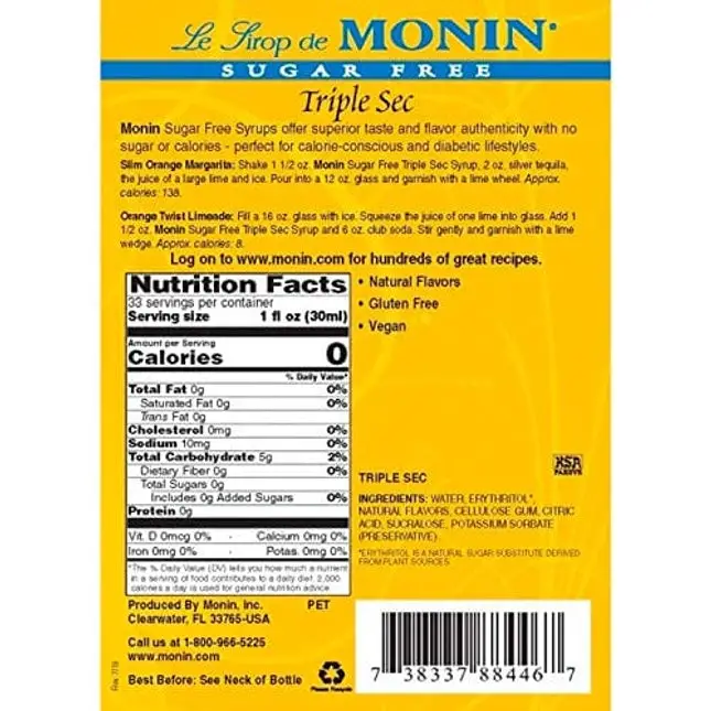 Monin - Sugar Free Triple Sec Syrup, Sweet Orange Flavor, Great for Cocktails, Mocktails, & Mochas, Gluten-Free, Vegan, Non-GMO (1 Liter)