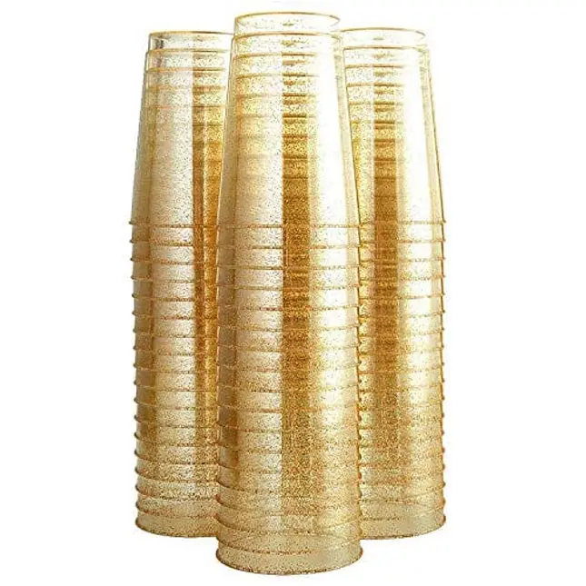 100 Glitter Plastic Cups 12 Oz Clear Plastic Cups Tumblers Gold Glitter Cups Disposable Wedding Cups Elegant Party Cups Recyclable and BPA-Free