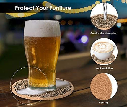 Coasters for Drinks, 8 Pieces Cork Coasters for Drinks Absorbent, Best Reusable Natural Round Coasters for Bar Glass Cup Table, Water Absorption, Non-Slip, Anti-Scalding