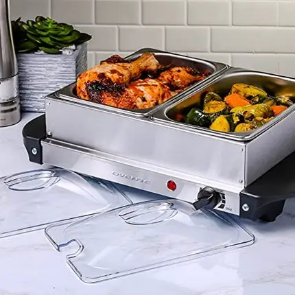 OVENTE Electric Food Buffet Server Warmer 2 Portable Stainless Steel Chafing Dishes Trays with Temperature Control & Easy Countertop Heating for Dinner Indoor Holiday Party & Catering, Silver FW152S
