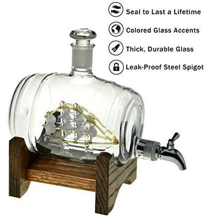 Bourbon Barrel Whiskey Decanter With Ship - 1000ml Liquor Dispenser - Sailing/Boating Gifts for Men and Women, Nautical Decor Retirement Gift (Tomoka Gold)