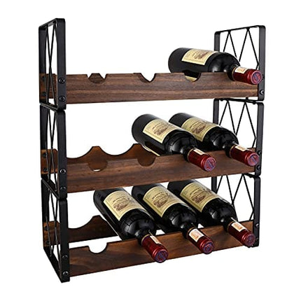 RedCall Wine Rack Freestanding,3 Tier Stackable Wine Bottle Holder Organizer,12 Bottles Wine Storage Shelf,Liquor Rack for Countertop,Solid Wood & Iron Rustic Style Liquor Cabinet