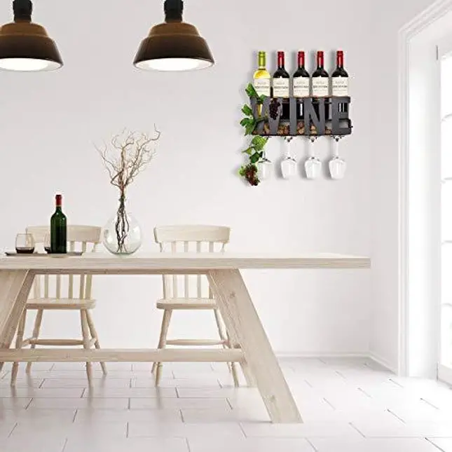 SODUKU Wall Mounted Metal Wine Rack 4 Long Stem Glass Holder & Wine Cork Storage Wine