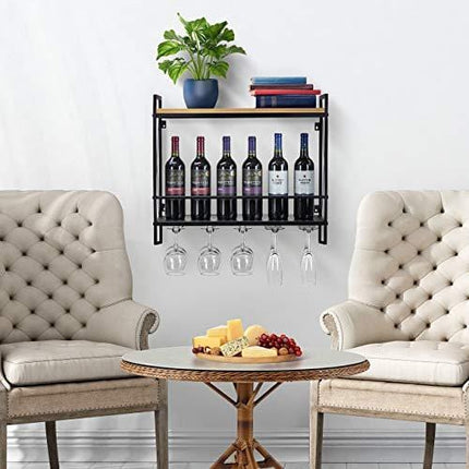 Sorbus Wine Bottle Stemware Glass Rack, Industrial 2-Tier Wood Shelf, Wall Mounted Wine Racks with 5 Stem Glass Holders for Wine Glasses, Flutes, Mugs, Home Décor, Metal