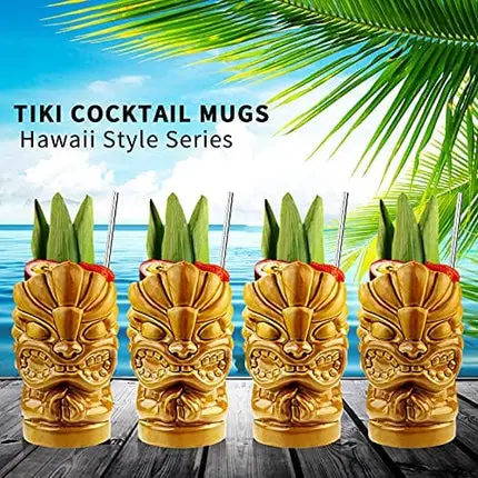 Tiki Glasses for Cocktails Tiki Mugs Set of 4 Creative Large Ceramic Tiki Cups 29oz Tropical Hawaiian Tiki Glass Drinks Party Bar Home Drinkware Premium Exotic Vintage Glasses Mug Barware 4 Packs