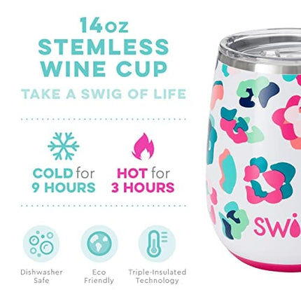 Swig Life 14oz Wine Tumbler with Lid, Stainless Steel, Dishwasher Safe, Portable, Triple Insulated Wine Tumbler in Party Animal Leopard Print
