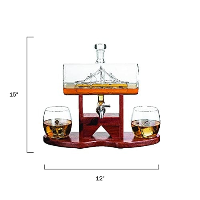 Whiskey Decanter Set, 1250ml Ship Whiskey Decanter with 2 Whiskey Glasses and Beautiful Stand Gift for Dad, Husband or Boyfriend by The Wine Savant