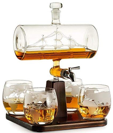 Whiskey Decanter with Antique Ship - The Wine Savant Ship Decanter Set with 4 Globe Glasses, Drink Dispenser for Wine, Whiskey Decan, Liquor Decanter, Scotch, Rum and Liquor or Spirits 1000ml